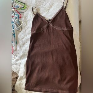 Divided Brown Lace Cami Slip Dress Night Gown Ribbed